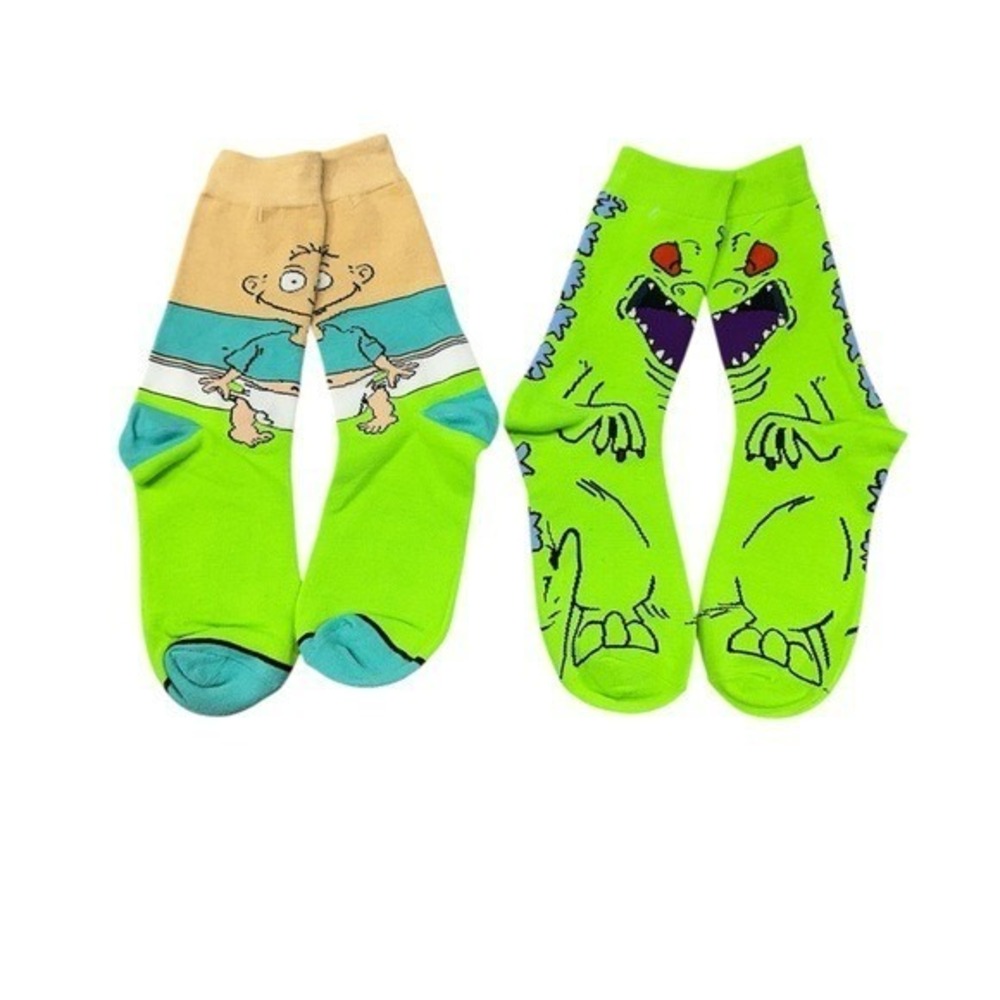 NEW 2 pairs adult crew socks one size rugrats tommy dinosaur Reptar
